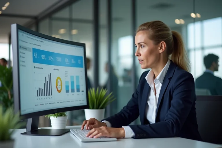 Femme professionnelle consultant un tableau de bord CRM sur un écran d'ordinateur dans un bureau moderne