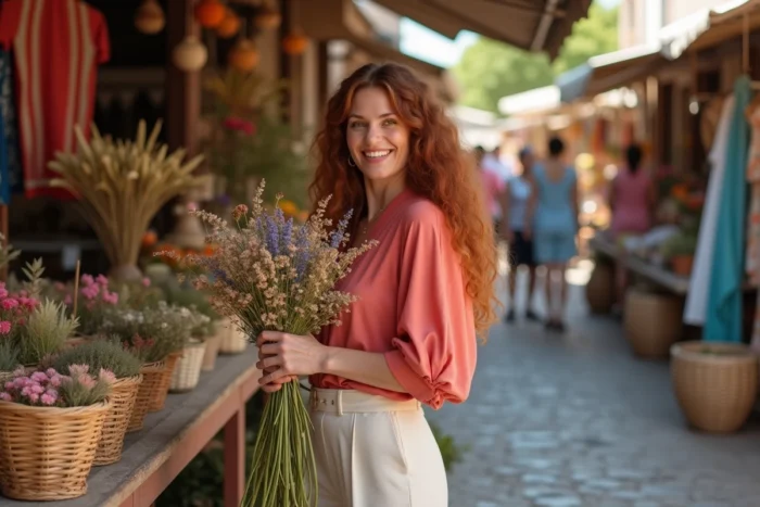 Femme aux cheveux roux bouclés arrangeant des fleurs dans un marché provençal coloré, personnage féminin chaleureux et expressif rappelant les héroïnes Disney rousses