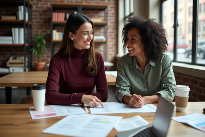 Deux femmes entrepreneures collaborant sur le développement de leur business restauration et beauté dans un espace de coworking
