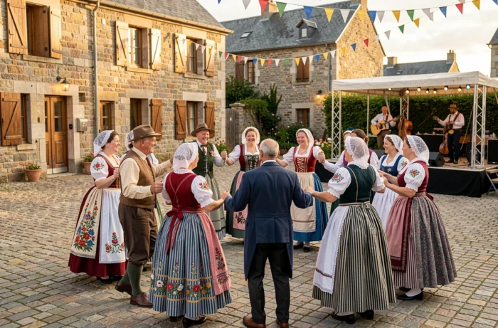 Participants en costumes bretons traditionnels dansant en cercle lors d'un Fest-Noz dans un village de Bretagne