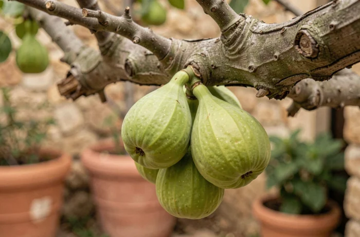 Figues non mûres vertes encore accrochées à une branche de figuier, illustrant les risques de consommation de figues immatures