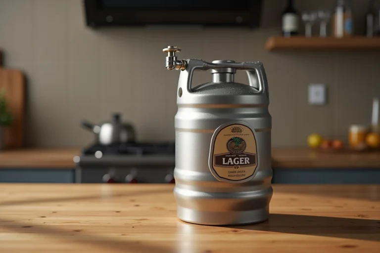 Fût de panaché 5 litres connecté à une machine à bière domestique sur un comptoir en chêne