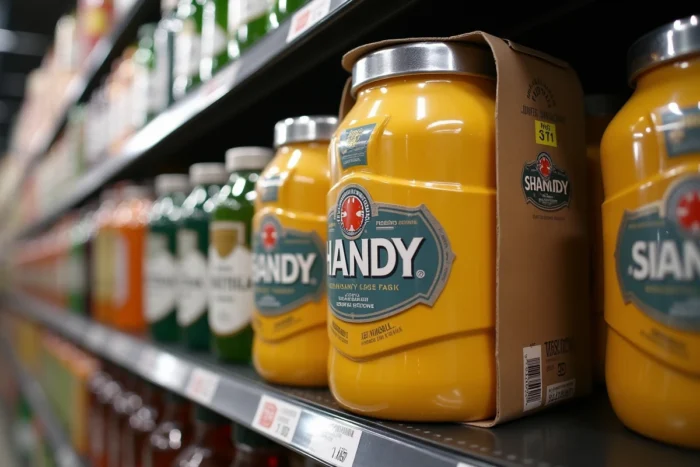 Fût de panaché 5 litres en packaging carton sur un rayon de grande surface prêt à l'achat