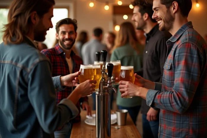 Groupe d'amis adultes partageant un panaché versé depuis un fût 5L lors d'une fête conviviale à domicile