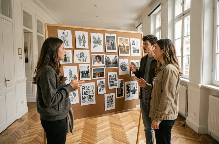 Groupe d'étudiants en prépa artistique lors d'une critique de portfolio dans le couloir d'une école d'art française