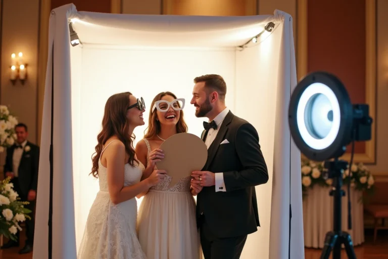 Groupe d'adultes posant dans un photobooth de mariage avec accessoires amusants et fond blanc ajustable