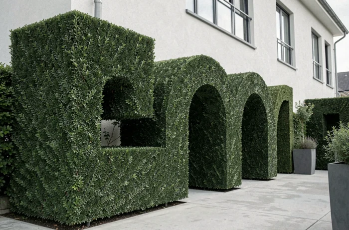 Haie d'if taillée en formes géométriques abstraites dans un jardin contemporain