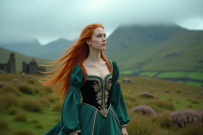 Jeune femme aux longs cheveux roux portant une robe médiévale verte dans les Highlands écossaises, évoquant les héroïnes rousses de Disney comme Mérida