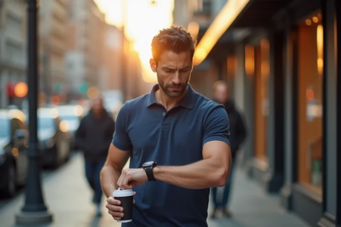 Homme consultant sa montre le matin en ville avec un café à la main, illustrant la notion d'heure AM en anglais