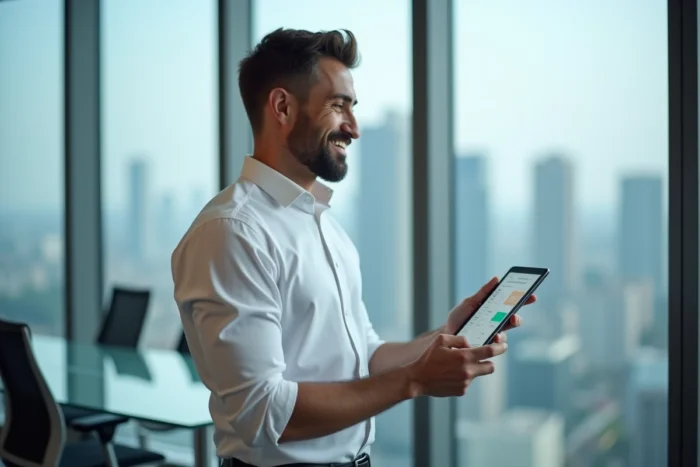 Homme d'affaires consultant une interface CRM sur tablette devant une fenêtre de bureau avec vue sur la ville