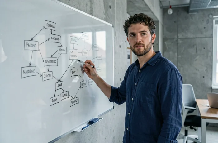 Homme présentant une architecture de navigation de blog sur un tableau blanc dans une agence créative moderne