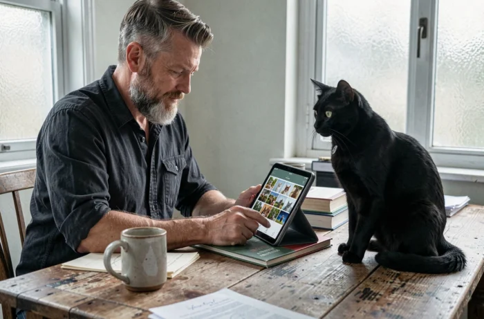 Homme barbu consultant l'application Aplouf sur une tablette à son bureau en bois avec un chat noir à ses côtés