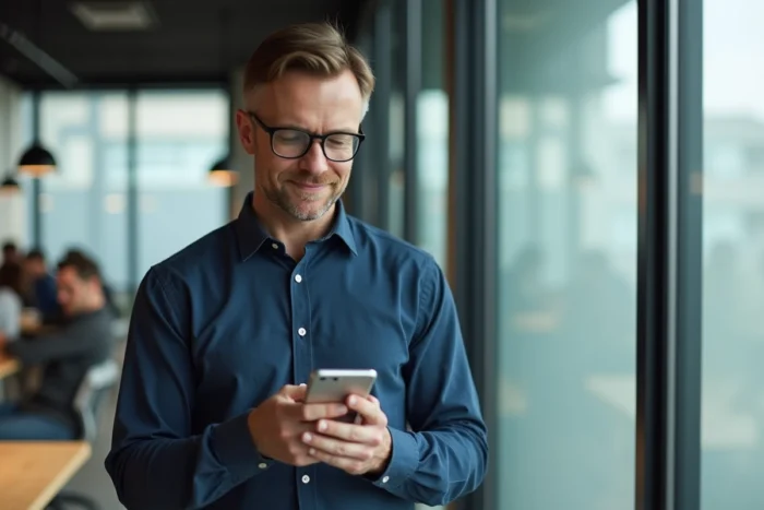 Homme en bureau moderne accédant à ses garanties d'assurance via l'application mobile Merci Victor