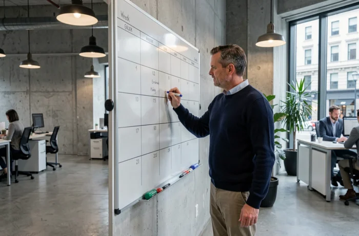 Homme d'affaires complétant un grand calendrier mural hebdomadaire dans un bureau moderne en open space