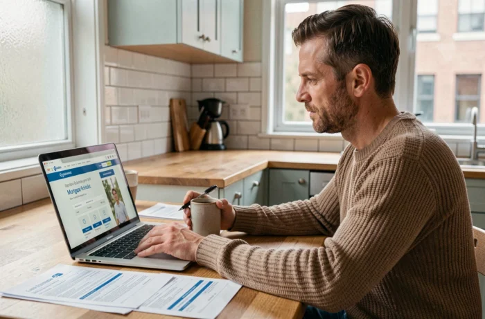 Homme comparant des offres de crédit immobilier sur ordinateur dans sa cuisine
