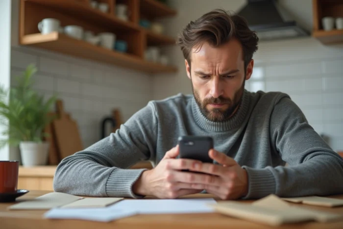 Homme consultant son application bancaire à domicile, représentant la vérification des données partagées par les organismes de crédit