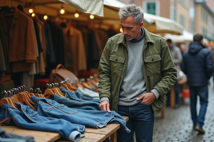 Homme inspectant une veste en jean vintage sur un stand de marché aux puces en plein air lors d'une journée de shopping seconde main