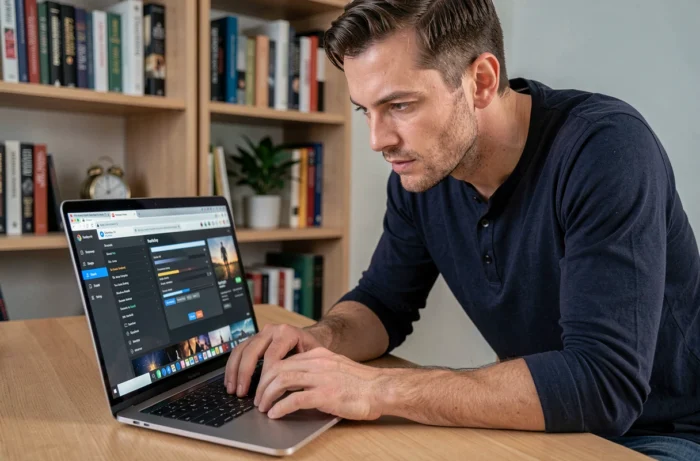 Homme explorant les paramètres avancés d'une application de streaming sur un ordinateur portable dans un bureau à domicile