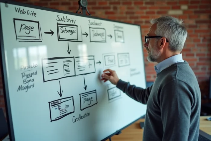 Homme présentant un sitemap détaillé sur un tableau blanc dans un espace de travail collaboratif