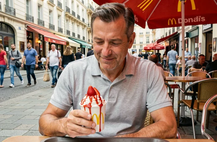 Homme dégustant un sundae fraise McDonald's en terrasse urbaine, évoquant les souvenirs et anecdotes des glaces de la chaîne