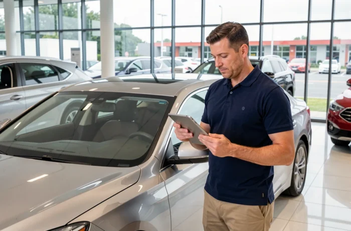 Homme utilisant une tablette pour consulter le plan du site Auto World dans une concession automobile
