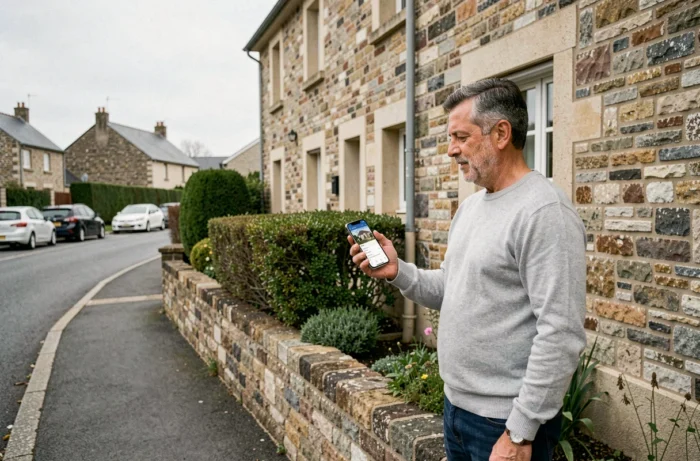 Homme visitant une propriété résidentielle en consultant une application immobilière sur smartphone