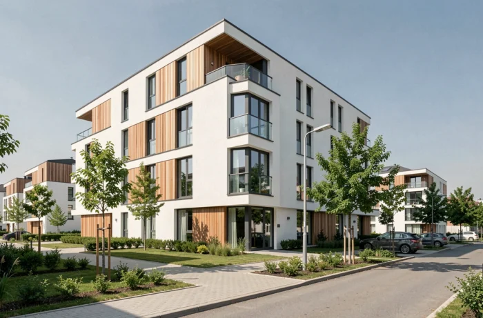 Immeuble résidentiel neuf avec architecture moderne et espaces verts dans un quartier en développement