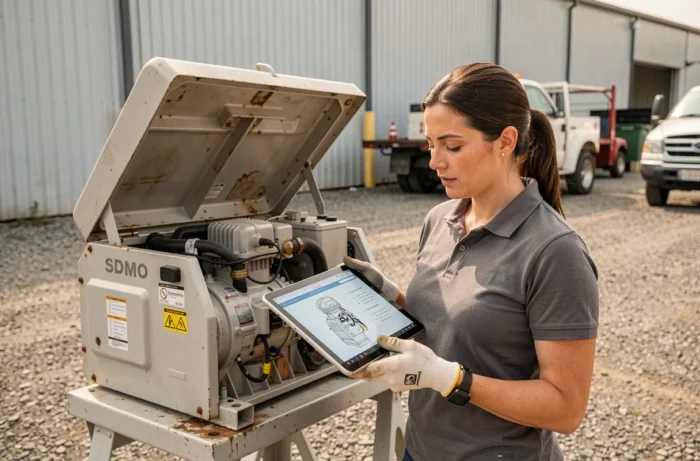 Ingénieure de maintenance consultant un schéma éclaté numérique sur tablette devant un groupe électrogène SDMO ouvert sur site industriel extérieur