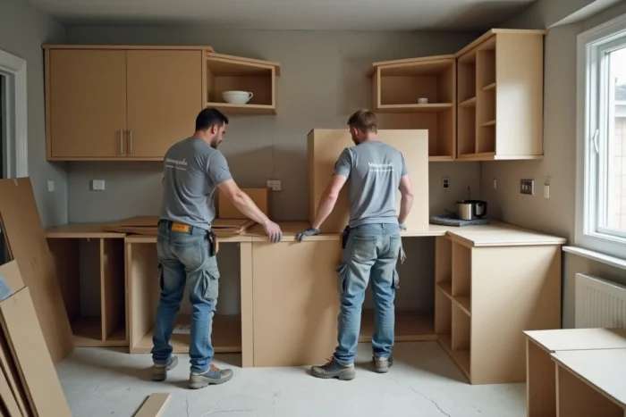 Deux installateurs Tyko Cuisine déballant des meubles de cuisine en cours de pose dans une maison en rénovation