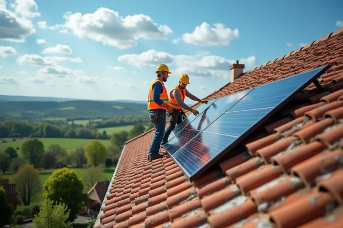 Techniciens posant des panneaux solaires photovoltaïques sur le toit d'une maison de campagne rénovée pour améliorer l'efficacité énergétique