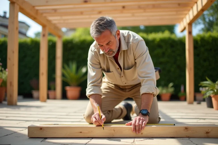 Homme mesurant une poutre en bois pour installer une pergola dans un jardin ensoleillé