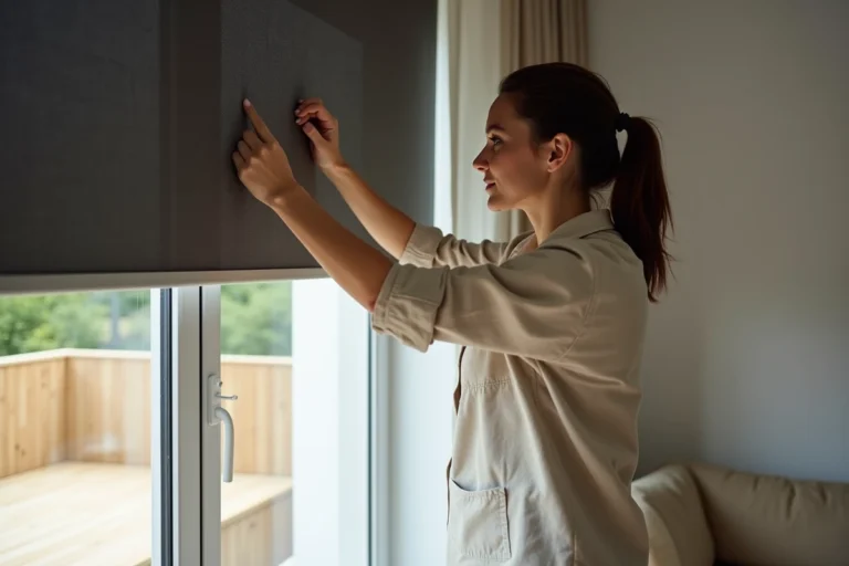 Femme installant un store occultant noir sur une fenêtre de salon moderne pour bloquer la lumière