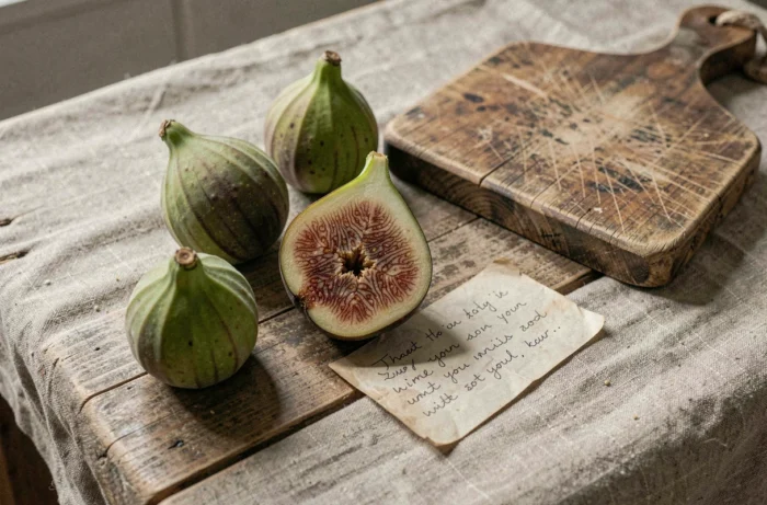 Coupe transversale d'une figue non mûre sur une table en bois rustique, montrant l'intérieur pâle et non développé d'un fruit immature potentiellement dangereux