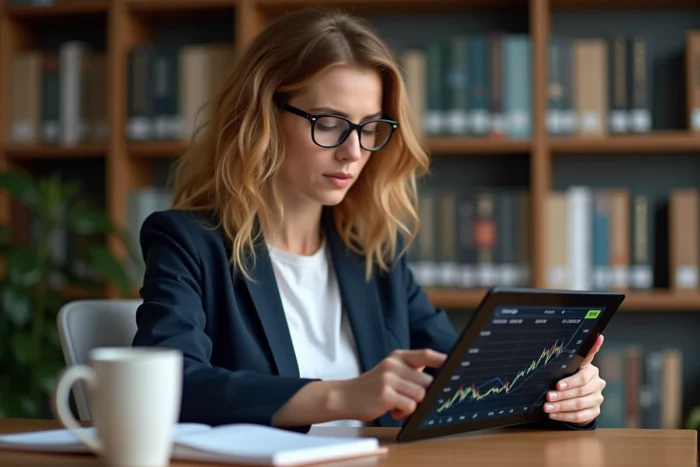 Femme investisseuse étudiant les performances boursières de Stellantis sur une tablette dans un bureau à domicile