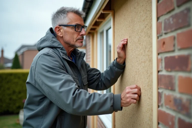 Artisan installant des panneaux d'isolation thermique par l'extérieur sur une maison individuelle lors de travaux de rénovation énergétique