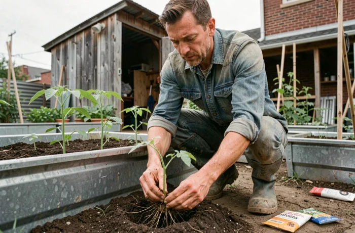 Jardinier urbain replantant des jeunes plants de tomates dans un potager surélevé en ville
