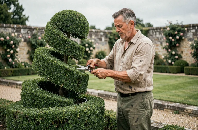 Jardinier taillant une haie de buis en spirale dans un jardin à la française