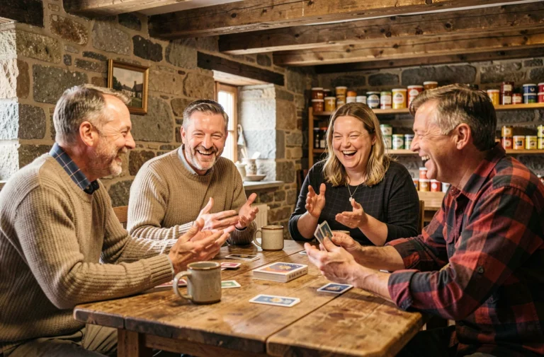 Groupe d'adultes jouant à la Belote autour d'une table en bois dans une taverne bretonne en pierre