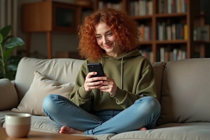 Jeune femme utilisant l'espace client Merci Victor sur mobile depuis son canapé pour vérifier ses garanties
