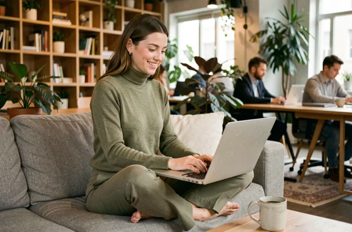 Jeune femme épanouie travaillant dans un espace de coworking cosy, illustrant l'équilibre entre vie professionnelle et bien-être