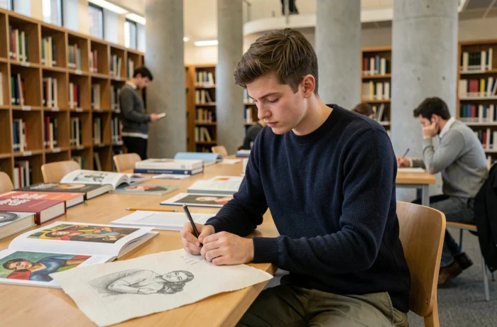 Jeune homme étudiant en prépa artistique dans une bibliothèque d'école d'art entouré de livres et de dessins