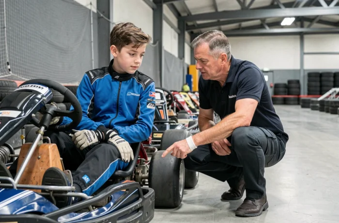 Jeune pilote de karting recevant des conseils techniques d'un mécanicien dans un karting intérieur belge