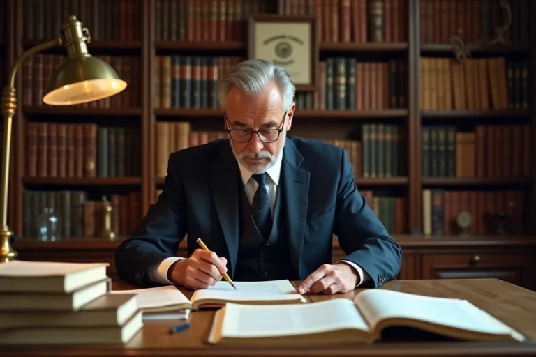 Juriste français étudiant un document juridique dans une bibliothèque du droit administratif, illustrant l'analyse de l'arrêt Barel du Conseil d'État de 1954