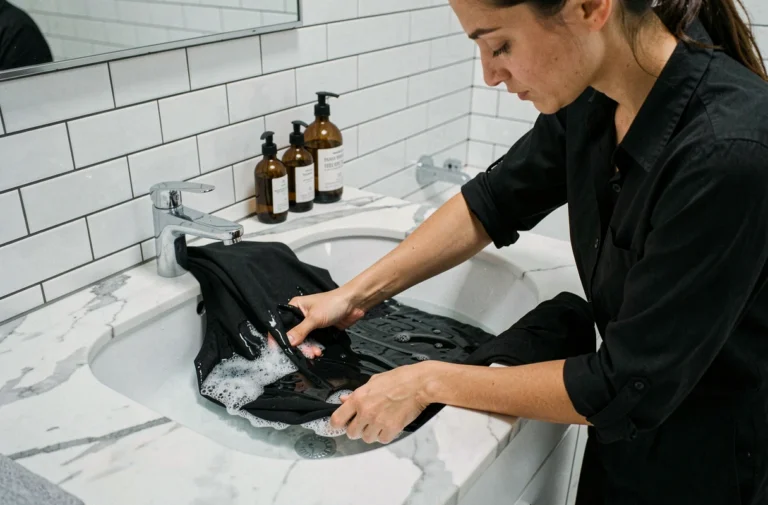 Femme lavant délicatement une robe The Kooples noire à la main dans un évier en céramique blanc