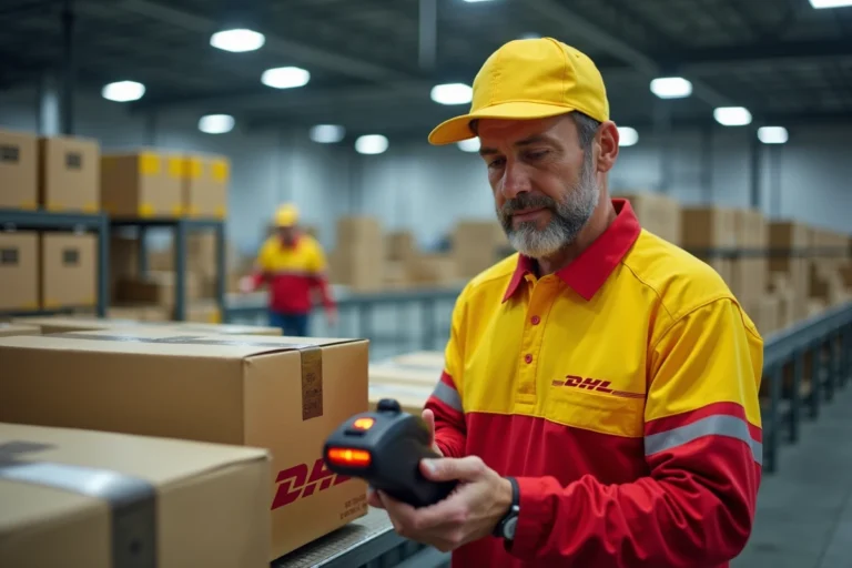 Livreur DHL en uniforme scannant un colis dans un entrepôt de tri logistique en France