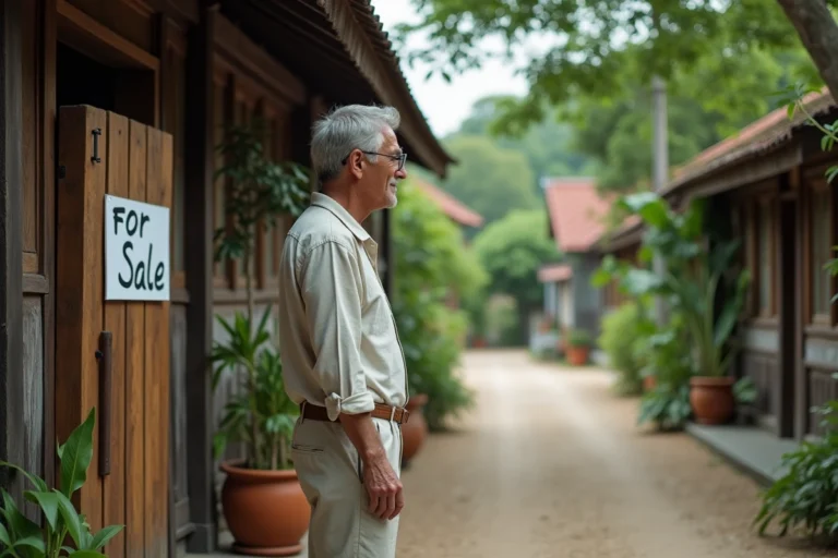 Expatrié occidental examinant une maison traditionnelle thaïlandaise à vendre dans un village rural authentique hors des zones touristiques