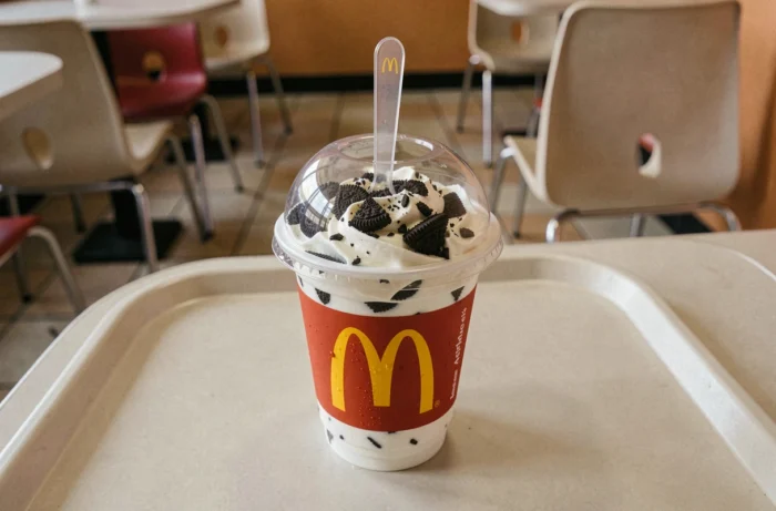 McFlurry Oreo McDonald's posé sur un plateau dans un restaurant, symbole des desserts glacés iconiques de la marque
