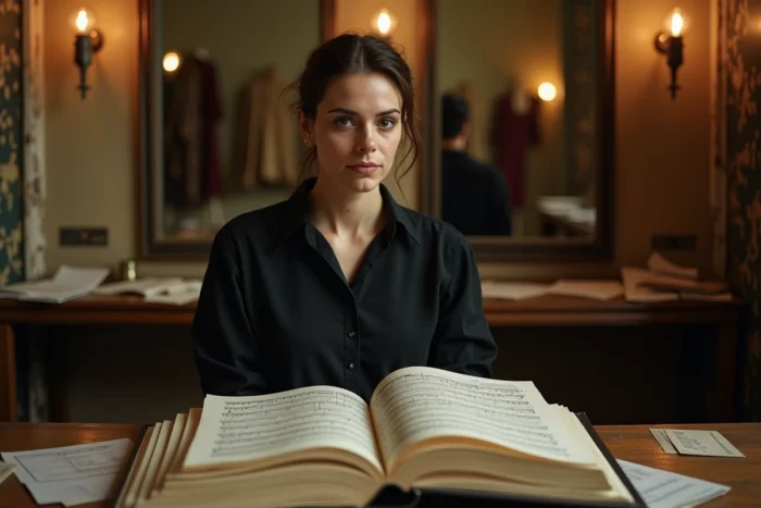 Mezzo-soprano étudiant une partition de Verdi dans une loge de théâtre d'opéra remplie de costumes et de partitions