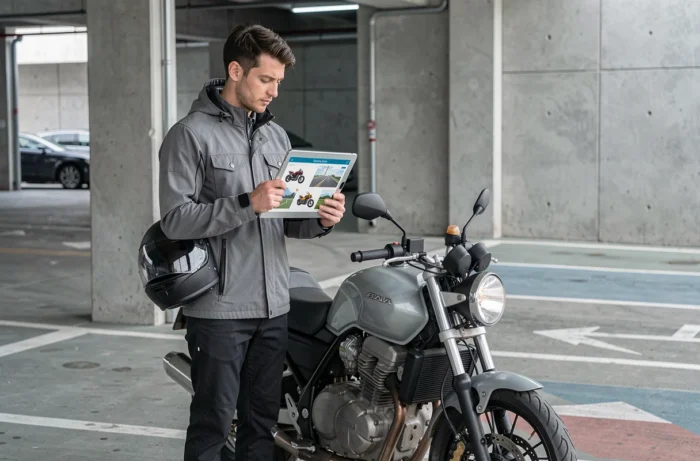 Motard consultant une tablette avec des exercices de code moto à côté de sa moto dans un parking urbain