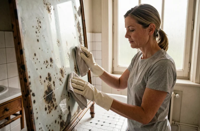 Femme nettoyant un miroir ancien piqué dans une salle de bain vintage avec un chiffon microfibre et des gants en caoutchouc